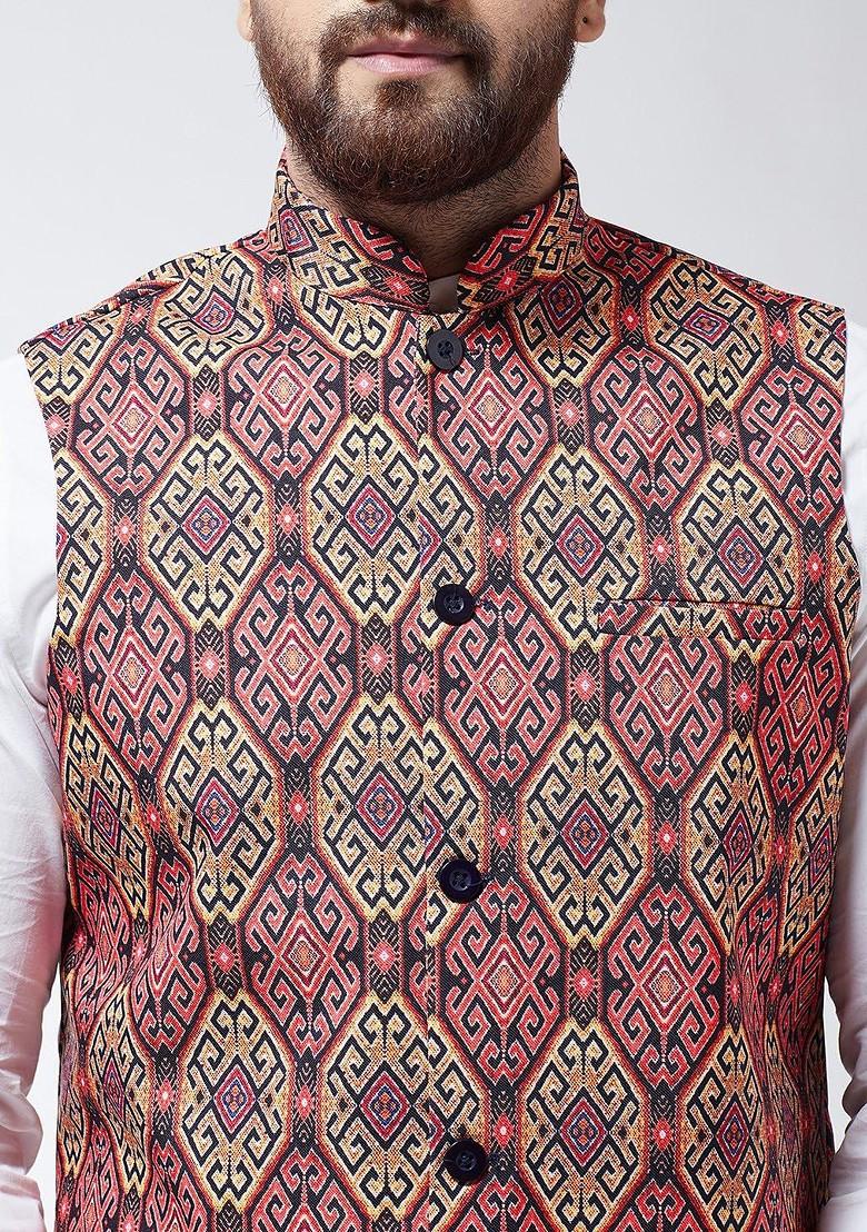 Pink Printed Poly Blend Nehru Jackets For Men