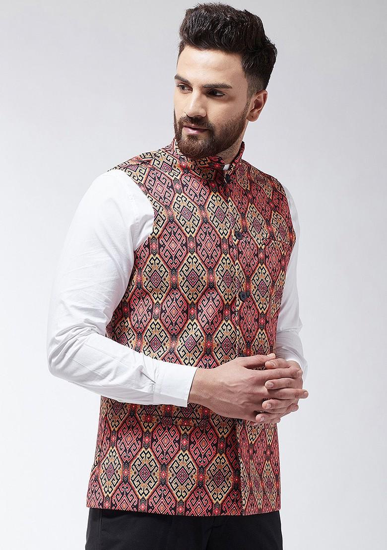 Pink Printed Poly Blend Nehru Jackets For Men