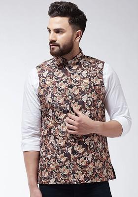 Brown Printed Poly Blend Nehru Jackets For Men