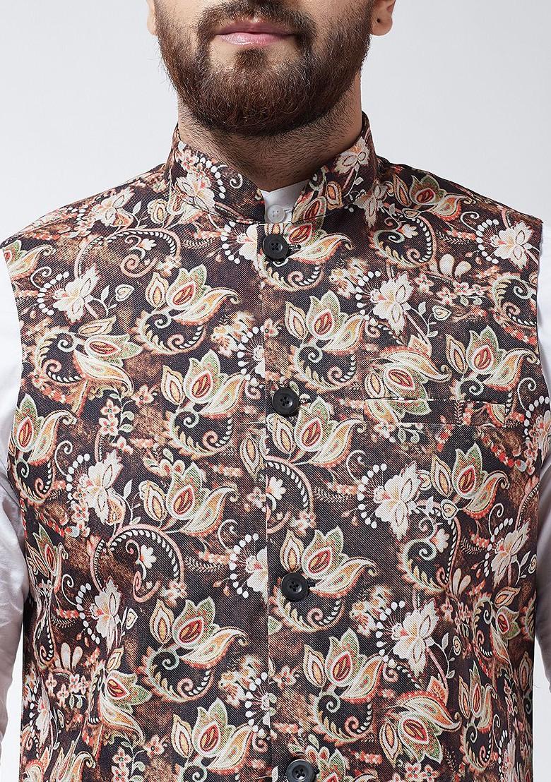 Brown Printed Poly Blend Nehru Jackets For Men
