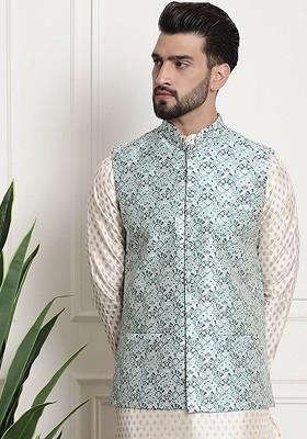 Green Ethnic Motifs Poly Blend Nehru Jackets For Men