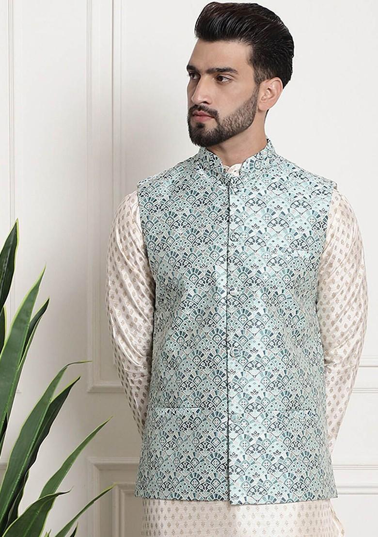 Green Ethnic Motifs Poly Blend Nehru Jackets For Men