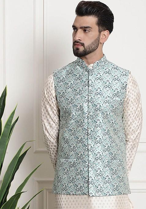 Green Ethnic Motifs Poly Blend Nehru Jackets For Men