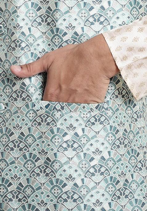 Green Ethnic Motifs Poly Blend Nehru Jackets For Men