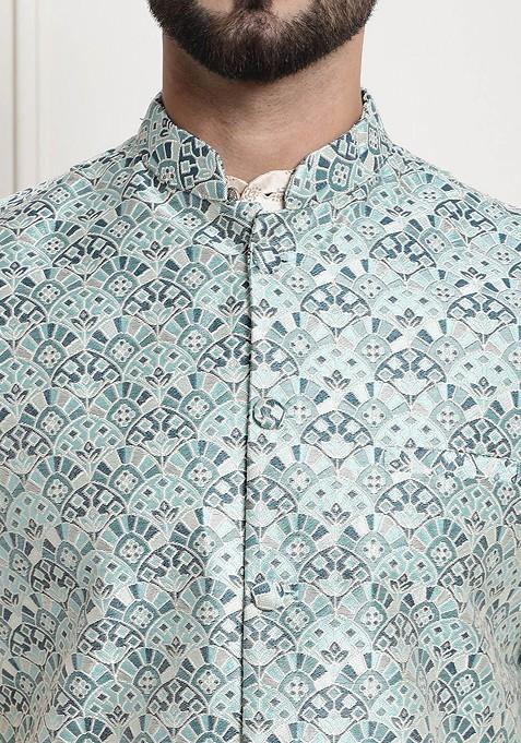Green Ethnic Motifs Poly Blend Nehru Jackets For Men