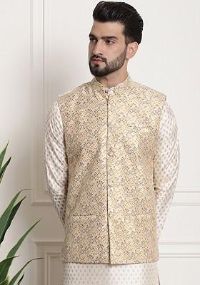 Beige Ethnic Motifs Poly Blend Nehru Jackets For Men