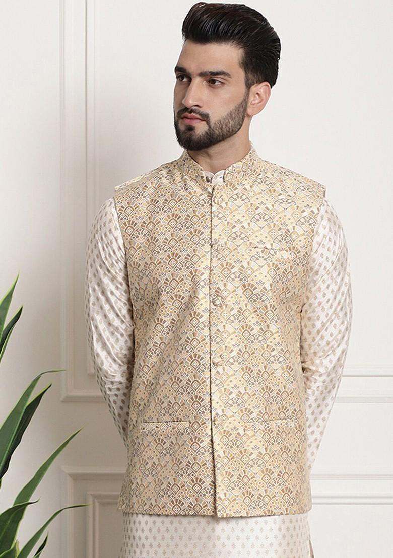 Beige Ethnic Motifs Poly Blend Nehru Jackets For Men