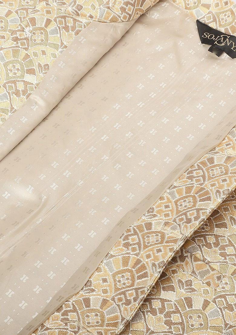 Beige Ethnic Motifs Poly Blend Nehru Jackets For Men