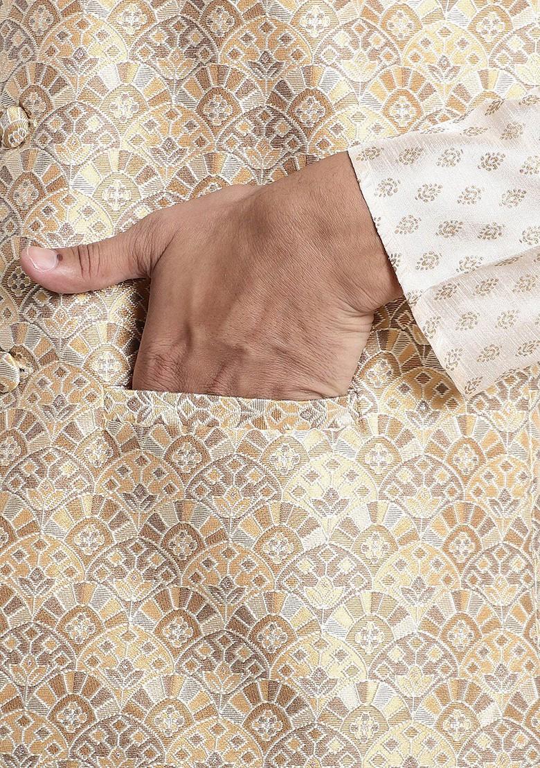 Beige Ethnic Motifs Poly Blend Nehru Jackets For Men