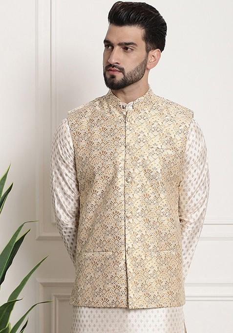 Beige Ethnic Motifs Poly Blend Nehru Jackets For Men
