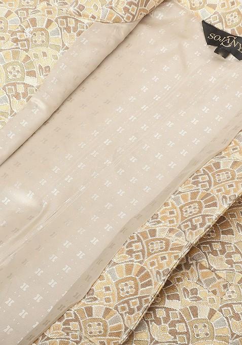 Beige Ethnic Motifs Poly Blend Nehru Jackets For Men