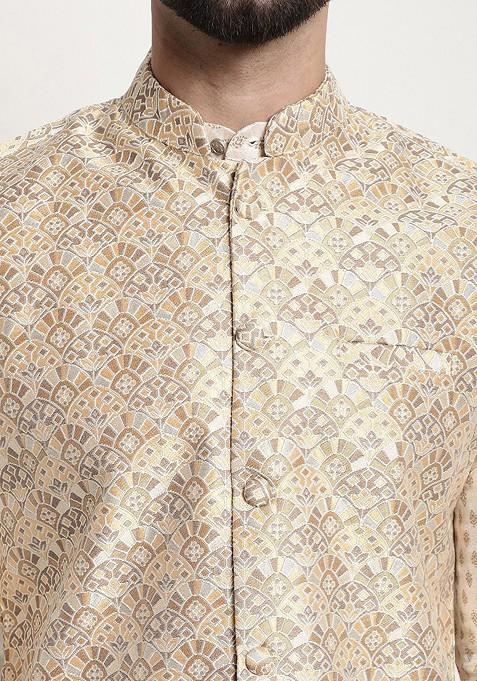 Beige Ethnic Motifs Poly Blend Nehru Jackets For Men