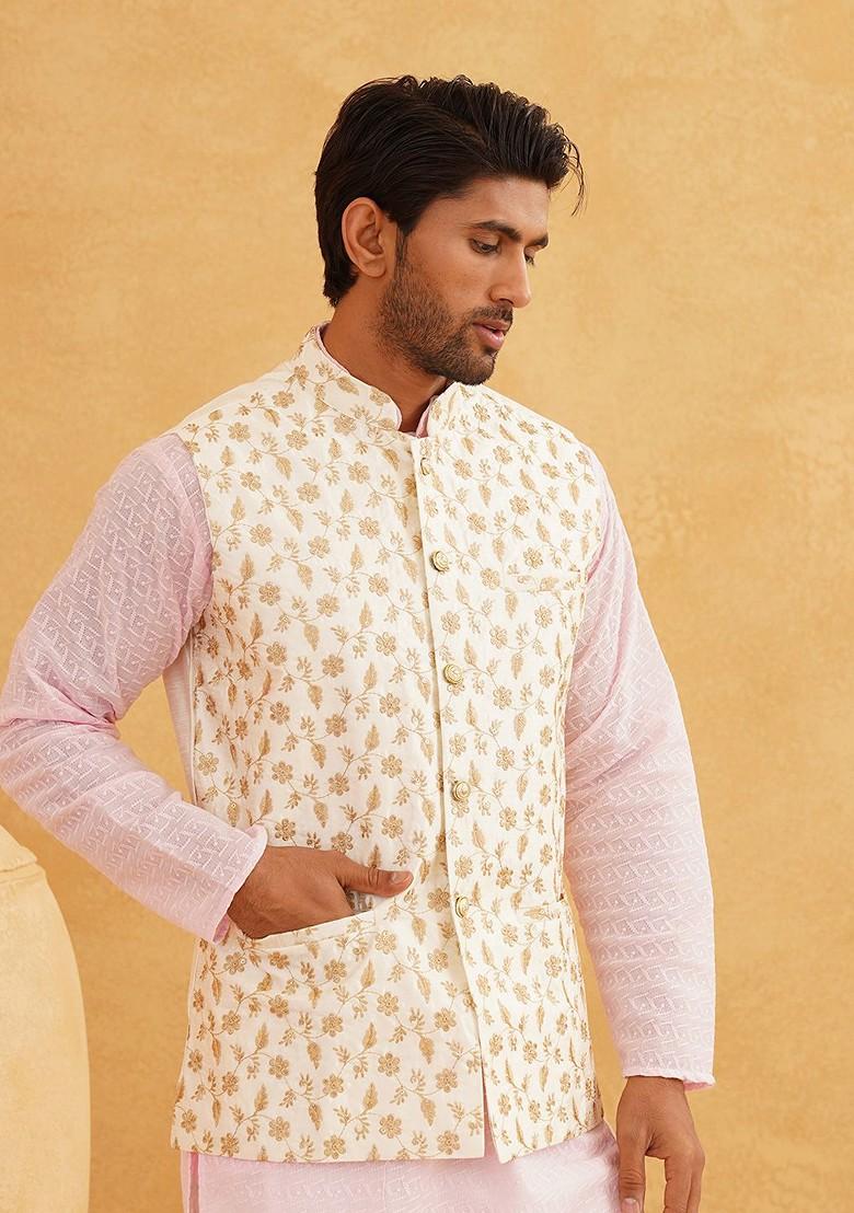 Cream Woven Poly Blend Nehru Jackets For Men