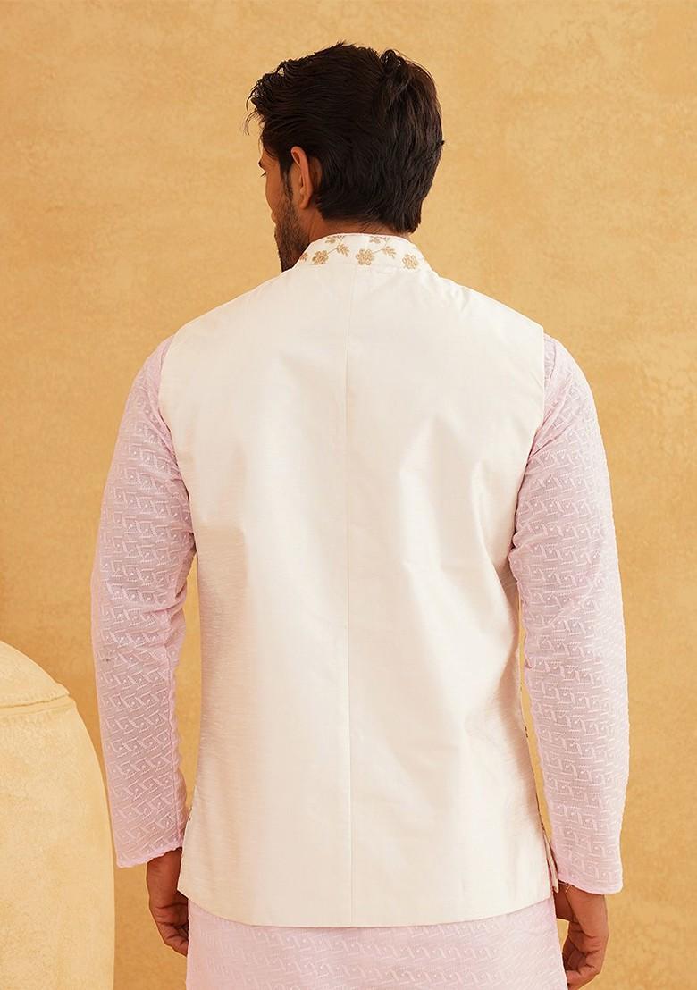 Cream Woven Poly Blend Nehru Jackets For Men