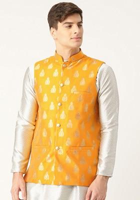 Mustard Woven Poly Blend Nehru Jackets For Men