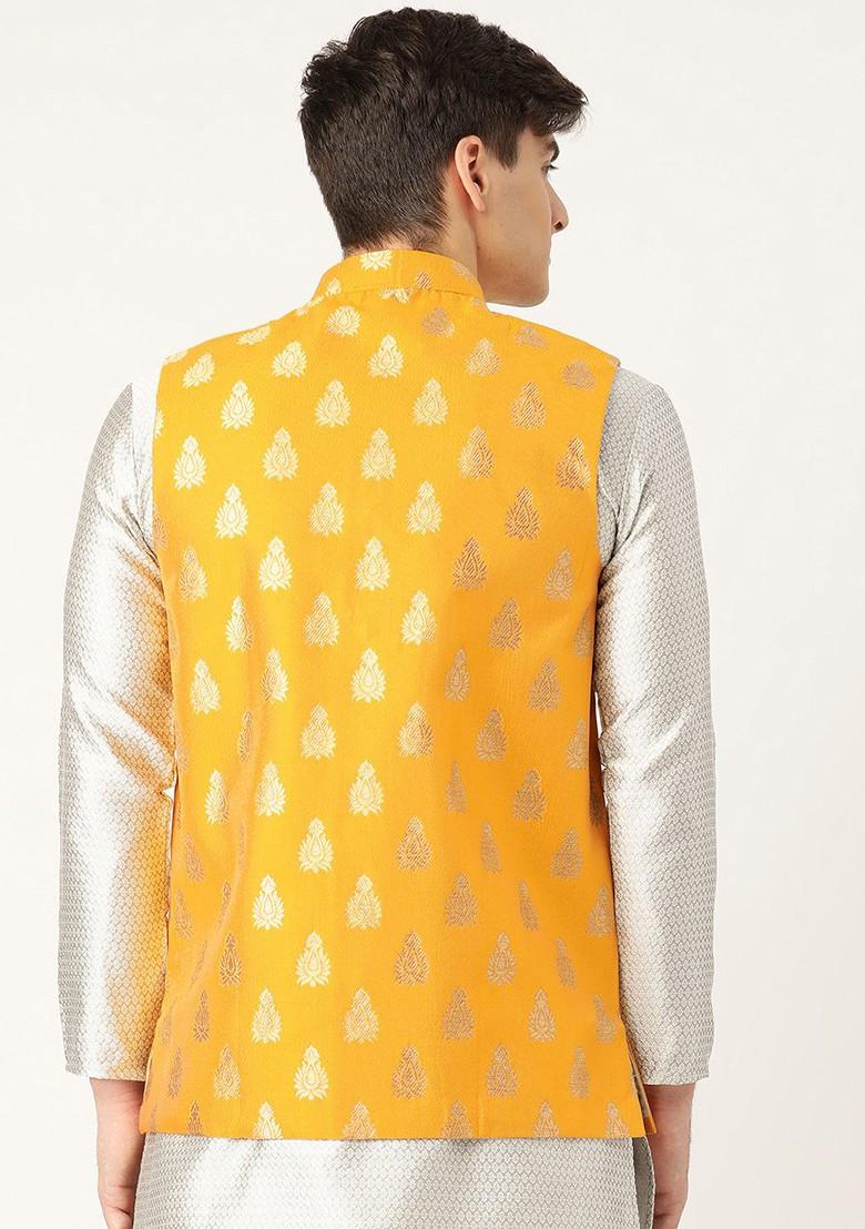 Mustard Woven Poly Blend Nehru Jackets For Men