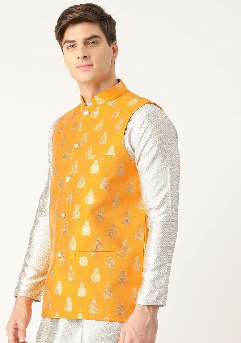 Mustard Woven Poly Blend Nehru Jackets For Men