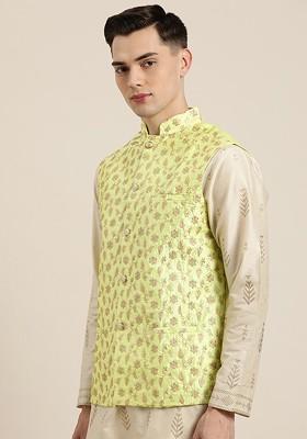 Lime Green Embroidered Poly Blend Nehru Jackets For Men