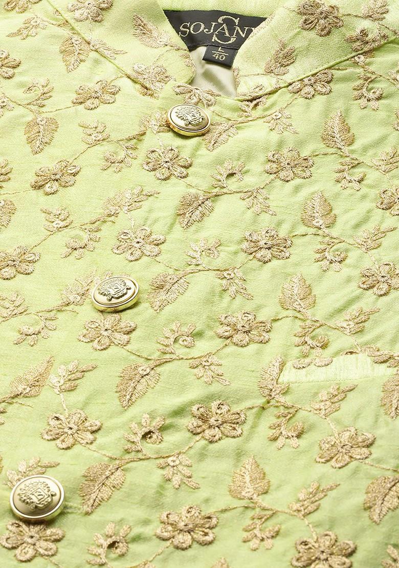 Lime Green Embroidered Poly Blend Nehru Jackets For Men