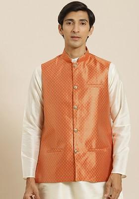 Orange Solid Poly Blend Nehru Jackets For Men