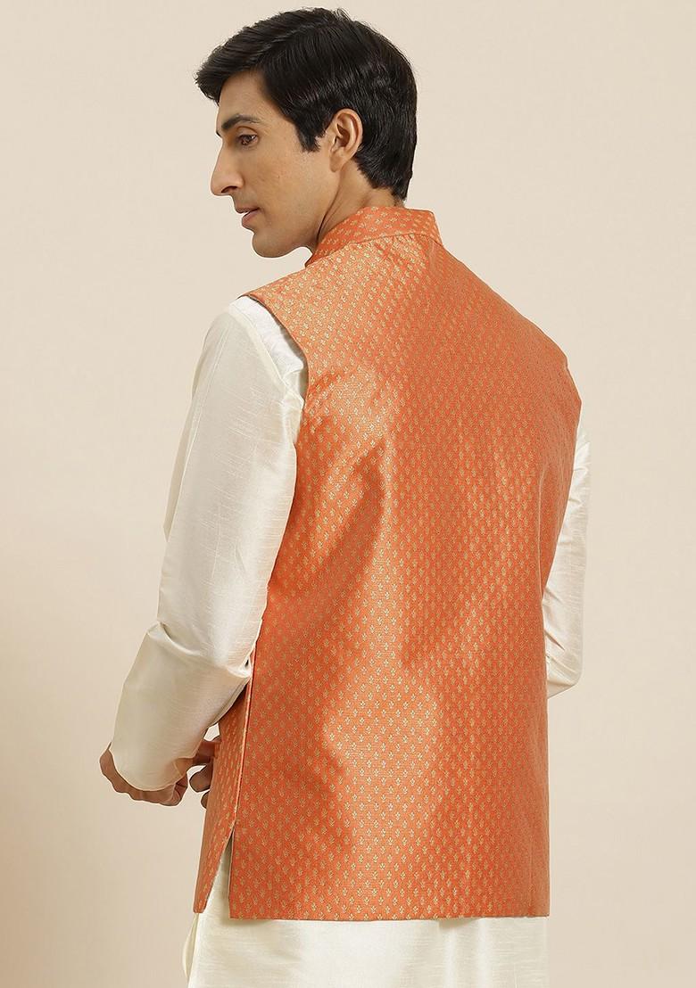 Orange Solid Poly Blend Nehru Jackets For Men