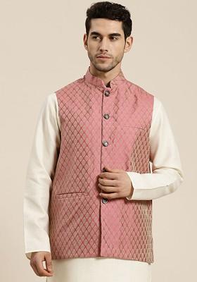 Pink Solid Jacquard Nehru Jackets For Men