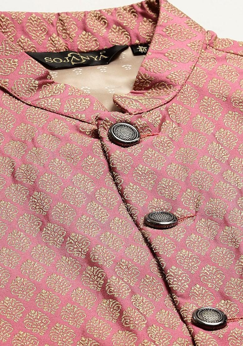 Pink Solid Jacquard Nehru Jackets For Men