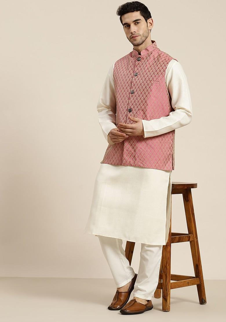 Pink Solid Jacquard Nehru Jackets For Men