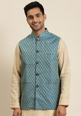 Blue Woven Silk Nehru Jackets For Men