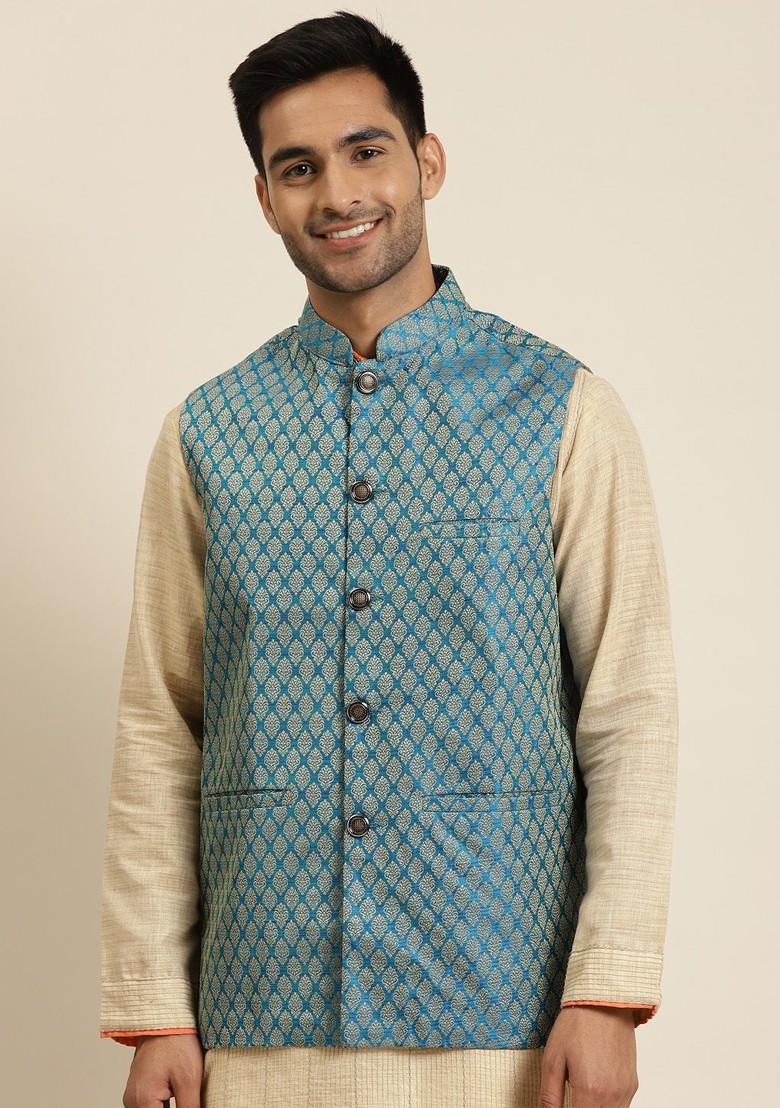 Blue Woven Silk Nehru Jackets For Men