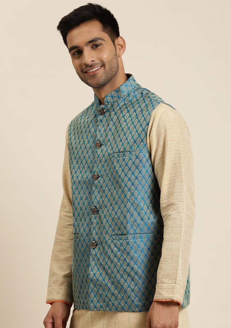 Blue Woven Silk Nehru Jackets For Men