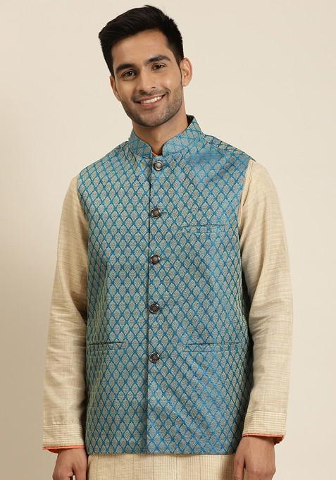 Blue Woven Silk Nehru Jackets For Men — view on Indya