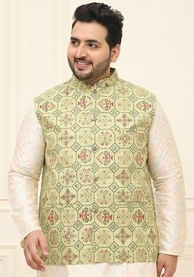 Green Printed Cotton Nehru Jackets For Men