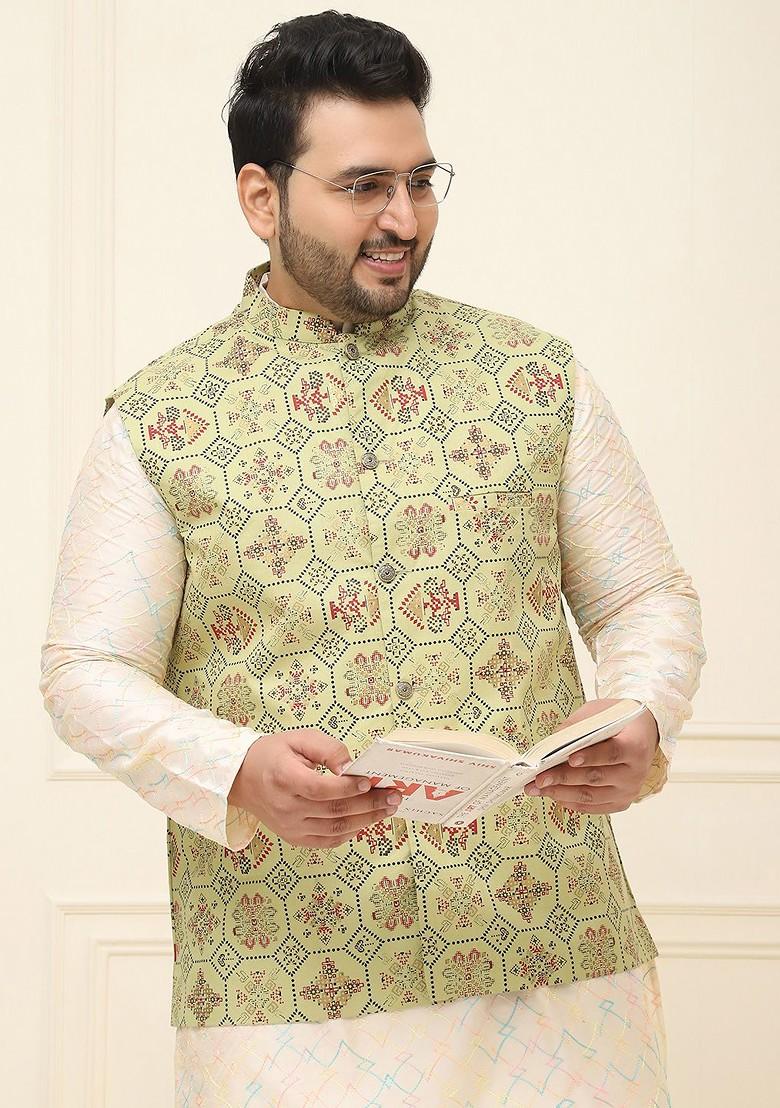 Green Printed Cotton Nehru Jackets For Men