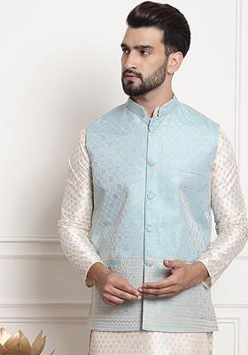 Blue Ethnic Motifs Poly Blend Nehru Jackets For Men