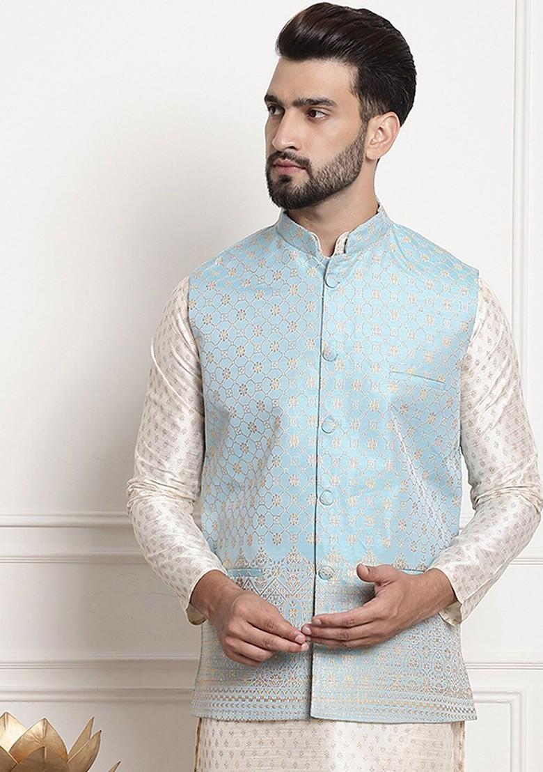 Blue Ethnic Motifs Poly Blend Nehru Jackets For Men