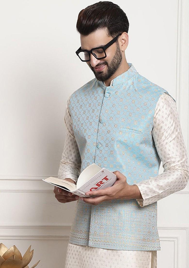 Blue Ethnic Motifs Poly Blend Nehru Jackets For Men