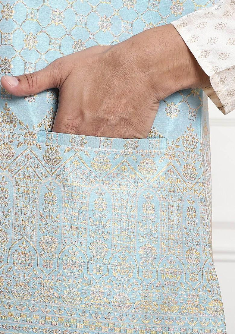 Blue Ethnic Motifs Poly Blend Nehru Jackets For Men