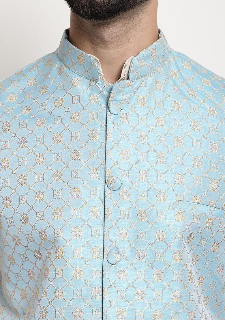 Blue Ethnic Motifs Poly Blend Nehru Jackets For Men