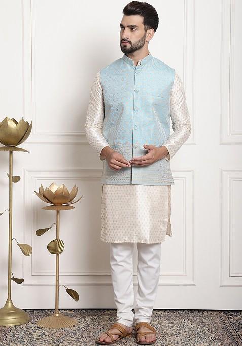 Blue Ethnic Motifs Poly Blend Nehru Jackets For Men