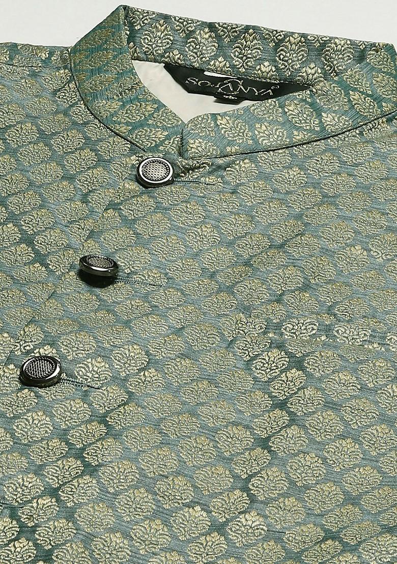 Green Woven Jacquard Nehru Jackets For Men