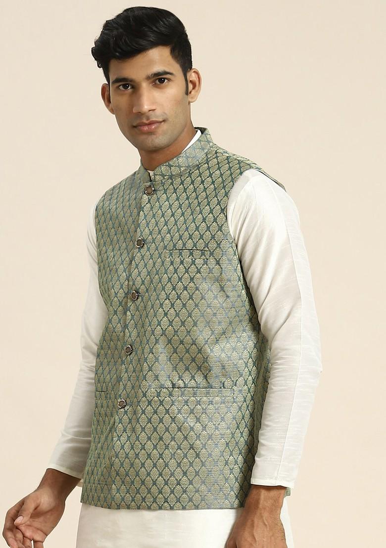 Green Woven Jacquard Nehru Jackets For Men