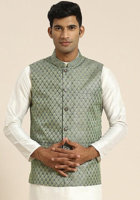 Green Woven Jacquard Nehru Jackets For Men