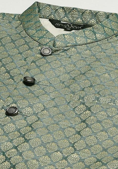 Green Woven Jacquard Nehru Jackets For Men