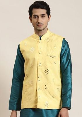 Yellow Mirror Work Poly Blend Nehru Jackets For Men