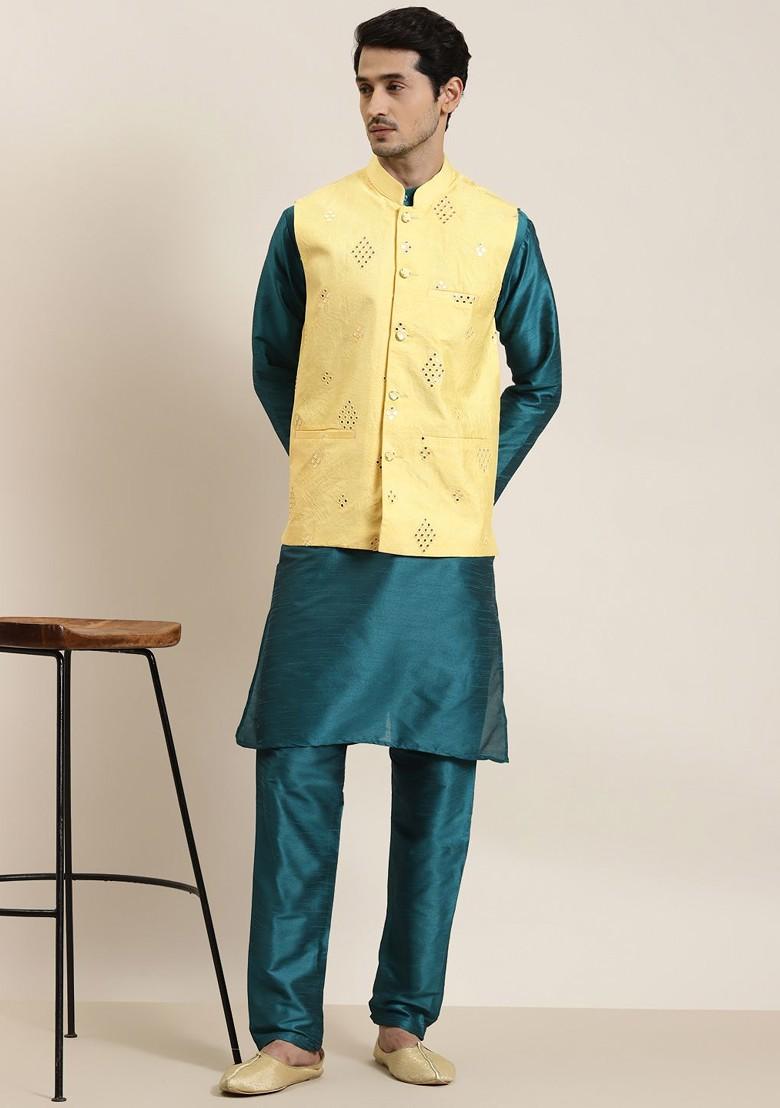 Yellow Mirror Work Poly Blend Nehru Jackets For Men