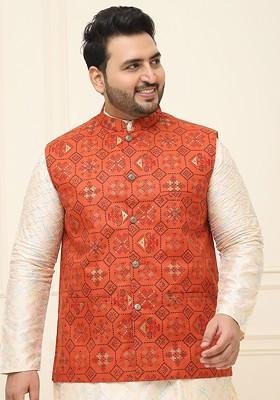 Orange Printed Poly Blend Nehru Jackets For Men