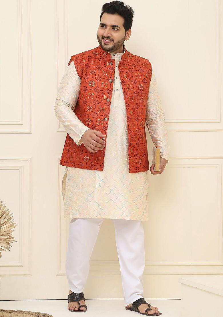 Orange Printed Poly Blend Nehru Jackets For Men