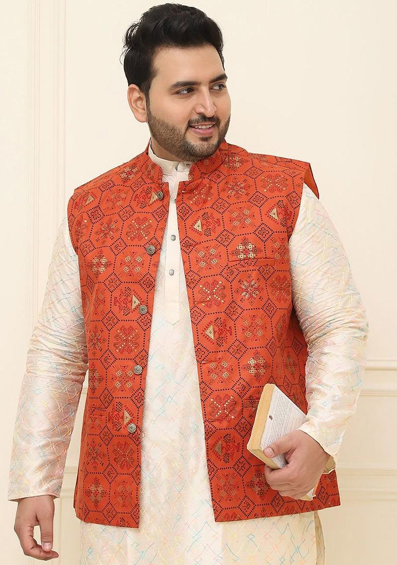 Orange Printed Poly Blend Nehru Jackets For Men
