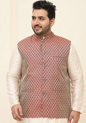Maroon Printed Poly Blend Nehru Jackets For Men